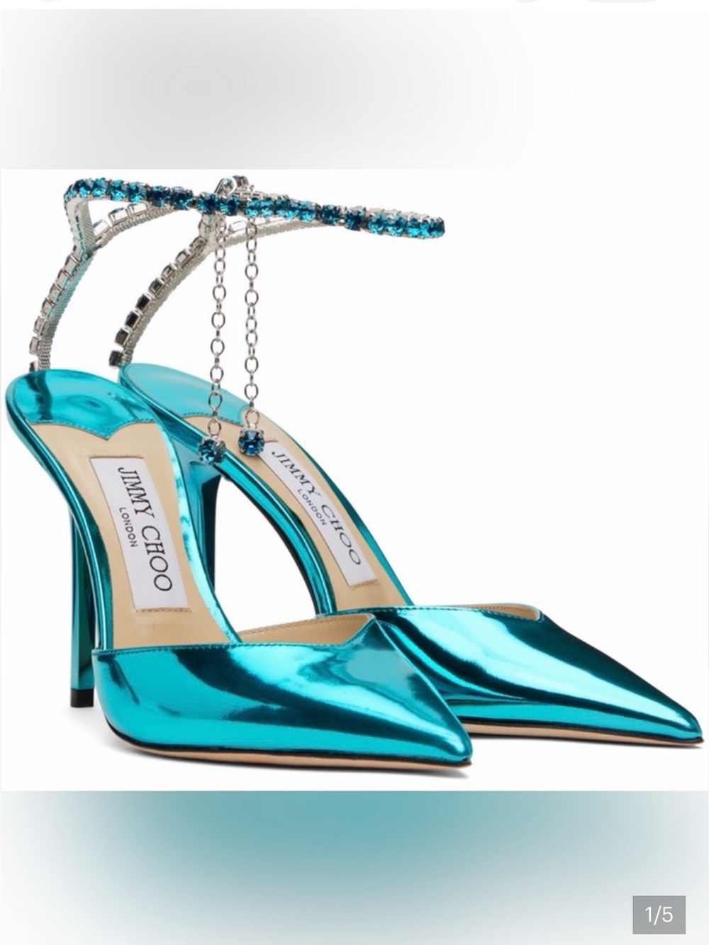 Jimmy Choo Saeda 100 Metallic Teal Pointed Toe Heels with Crystal Anklet